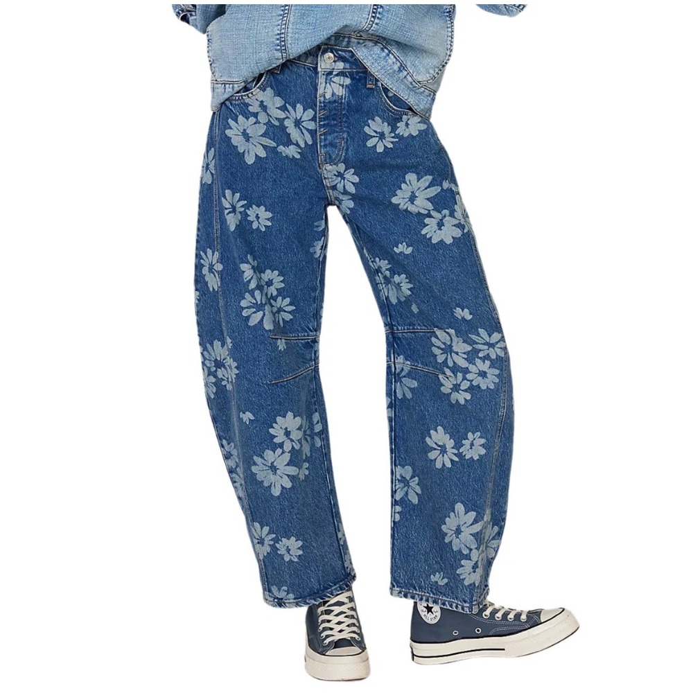 FREE‎ PEOPLE 🌼 DAISY GOOD LUCK PRINTED BARREL JEANS INDIGO COMBO LASER 31 NWT